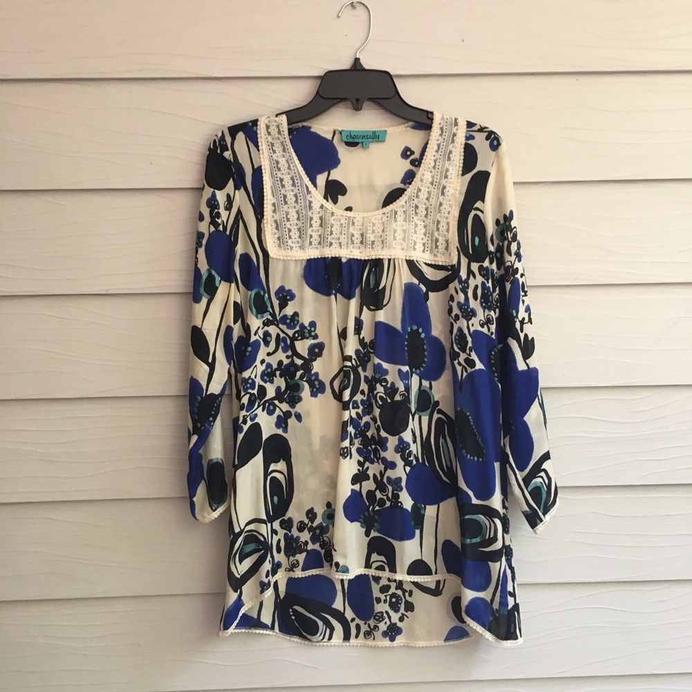 Chasensully Silk and Lace Floral Tunic Blue and White